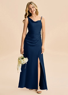 Azazie Abby Junior Robe Fourreau en Satin extensible Plissé Bleu Marine Foncé image1