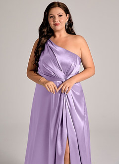 Azazie Brooke Bridesmaid Dresses Lilac A-Line One Shoulder Metallic Satin Dress image13