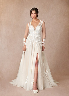 Azazie Ariya Wedding Dresses Diamond White Champagne A-Line Lace Tulle Dress image1