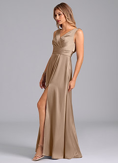 Azazie Karina Bridesmaid Dresses Taupe A-Line Pleated Stretch Satin Dress image3