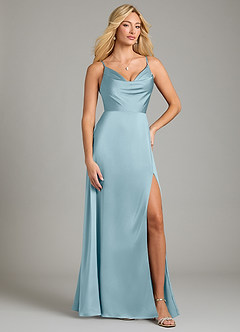 Azazie Sarella Vestidos de damas de honor Vestido de Azul Malhumorado de Satén Elástico de Corte en A con Plisado image1