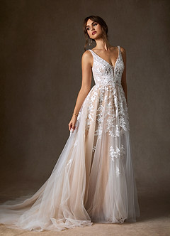 Azazie Sorella Wedding Dresses Diamond White Sand A-Line V-Neck Sequins Tulle Dress image4