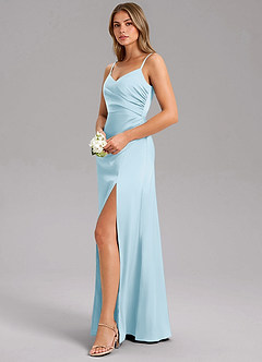 Azazie Azuree Robes de demoiselle d'honneur Robe Trapèze en Satin extensible Plissée Bleu Ciel image4
