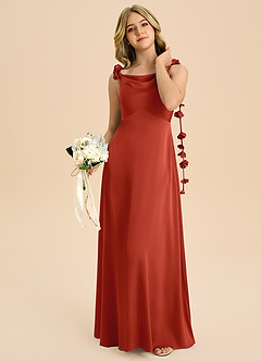 Azazie Gumdrop Junior Rust Empire Pleated Stretch Satin Dress image2