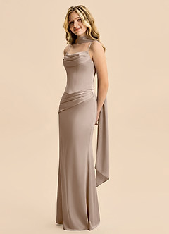 Azazie Sorrel Junior Taupe Mermaid Ruched Stretch Satin Dress image4