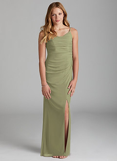 Azazie Deandra Junior Pistachio Sheath Mesh Dress image1