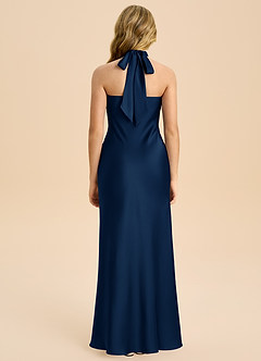 Azazie Chickie Junior Vestido de Azul Marino Oscuro de Satén Elástico de Corte Recto con Plisado image2