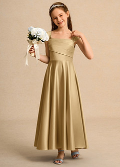 Azazie Bundle Girls Formal Flower Girl Dresses Gold A-Line Pleated Matte Satin Dress image4