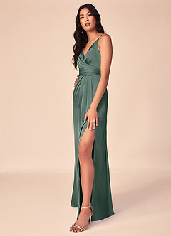 Azazie Aqua Robes de demoiselle d'honneur Robe Trapèze en Satin extensible Col V plissé Mousse De Mer image5