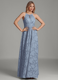 Azazie Bonnie At-home Try On Dresses Dusty Blue A-Line Pleated Floral Burnout Dress image4