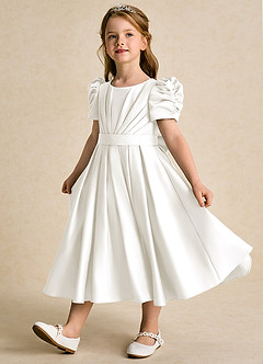 Azazie Miriam Robe Demoiselle D'honneur Fillette Robe Princesse en Mat Satiné Plissée Ivoire image3