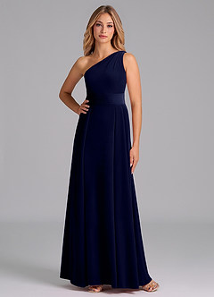 Azazie Dallas Jurken voor bruidsmeisjes Jurk van flueel met A-Lijn One-Shoulder Donkere Marine image4