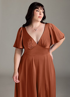 Azazie Kimber Bridesmaid Dresses Cedar Rose A-Line Ruched Stretch Satin Dress image11