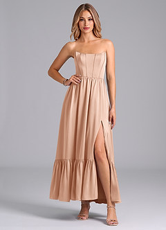 Azazie Leilana Bridesmaid Dresses Rose Gold A-Line Corset Stretch Satin Dress image4