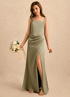 Azazie Noah Girls Formal Sukienki dla dziewczynek sypiących kwiaty Osłona Pofałdowany Satyna elastyczna Długość podłogi Sukienka image4