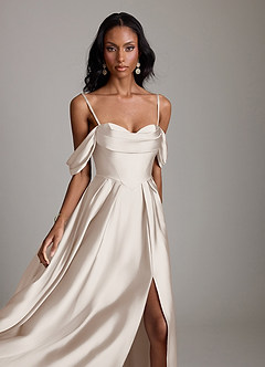 Azazie Loisa Bridesmaid Dresses White Alabaster A-Line Off the Shoulder Stretch Satin Dress image3