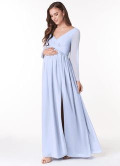 Azazie Teton Robes de demoiselle d'honneur de maternité Robe Trapèze Manche longue Longueur ras du sol Mousseline de soie image3