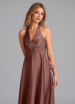 Azazie Tessie Bridesmaid Dresses Espresso A-Line Pleated Stretch Satin Dress image3