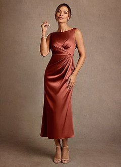 Azazie Mazhe 신부의 어머니 드레스 A라인 주름진 스트레치 새틴 티 길이 드레스 image1