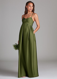 Azazie Llana Maternity Bridesmaid Dresses A-Line Stretch Satin Floor-Length Dress with Pockets image3