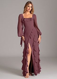 Azazie Candice Bridesmaid Dresses Sangria A-Line Long Sleeve Chiffon Dress image5