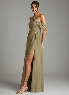 Azazie Kassandra 신부 들러리 드레스 A라인 오프 더 숄더 쉬폰 바닥 길이 드레스 image4