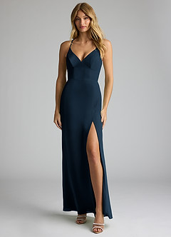Azazie Becca Bridesmaid Dresses Dark Navy Sheath V-Neck Chiffon Dress image1