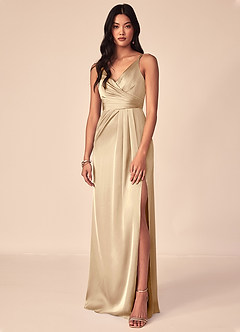 Azazie Aqua Bridesmaid Dresses Champagne A-Line V-Neck Pleated Stretch Satin Dress image1