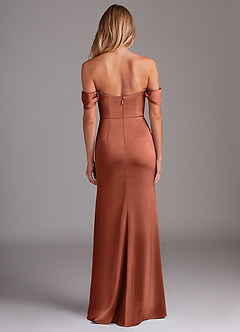 Azazie Saige Bridesmaid Dresses Clay Sheath Off the Shoulder Stretch Satin Dress image9