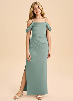 Azazie Saige Junior Silver Sage Sheath Off the Shoulder Stretch Satin Dress image3