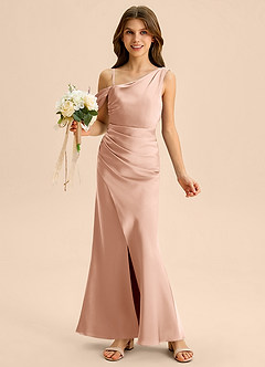 Azazie Madelyn Junior Osłona Zza ramienia Satyna elastyczna Długość podłogi Młodsza druhna Sukienka image1