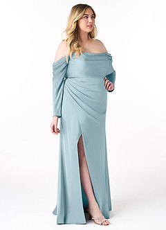 Azazie Hallie Bridesmaid Dresses Moody Blue Sheath Off-The-Shoulder Long Sleeve Stretch Satin Convertible Dress image11