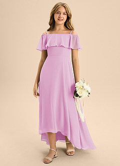 Azazie Maggie Junior Candy Pink A-Line Off the Shoulder Chiffon Dress image3