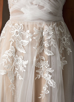 Azazie Cindy Wedding Dresses Diamond White Nude A-Line Illusion Off-The-Shouler Lace Tulle Dress image8