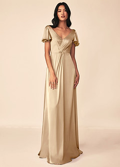 Azazie Soren Bridesmaid Dresses Champagne A-Line Pleated Stretch Satin Dress image1