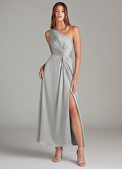 Azazie Brooke Vestidos de damas de honor Vestido de Plata de Satén Elástico de Corte en A con Hombro unilateral image1