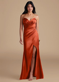 Azazie Yola Bridesmaid Dresses Paprika Sheath Pleated Metallic Satin Dress image1