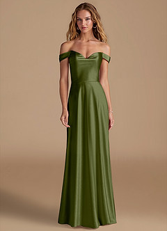 Azazie Jackalin Bridesmaid Dresses Olive A-Line Off the Shoulder Metallic Satin Convertible Dress image1