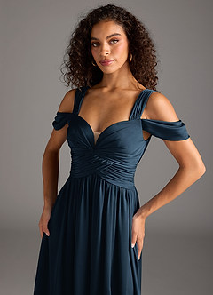 Azazie Lianne Brautjungfernkleider A-Linie Schulterfrei Stretch-Satin Kleid Dunkelmarine image2