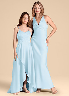 Azazie Prisha Junior Robe Trapèze en Satin extensible Plissée Bleu Ciel image3