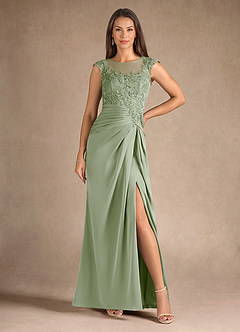 Azazie Santa Barbara Mother of the Bride Dresses Dusty Sage Sheath Pleated Stretch Satin Dress image5