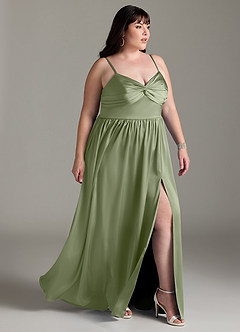 Azazie Zeya At-home Try On Dresses Olive A-Line Pleated Stretch Satin Dress image12