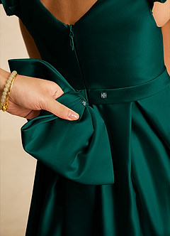 Azazie Francine Flower Girl Dresses Pine A-Line Bow Matte Satin Dress image4