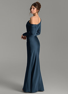 Azazie Sandra Bridesmaid Dresses Dark Navy Mermaid Long Sleeve Stretch Satin Dress image2