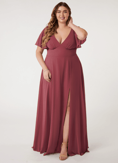 Azazie Kimber Bridesmaid Dresses Merlot A-Line Flounce Sleeve Chiffon Dress image6