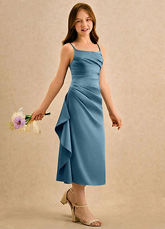 Azazie Canna Girls Formal Blomsterpigekjoler A-Line Plisseret Stræk satin Te-længde Kjole image3