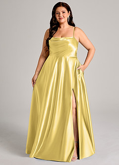 Azazie Elle Brautjungfernkleider A-Linie mit Taschen Metallischer Satin Kleid Kanarienvogel image1