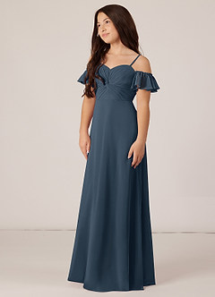 Azazie Juna Junior Robe Trapèze en Mousseline de soie Épaule décolletée Neptune image3