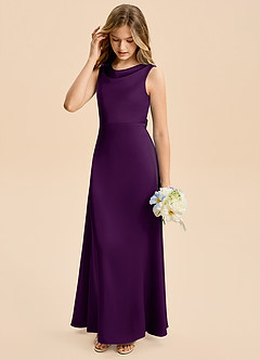 Azazie Kiki Junior Grape A-Line Bow Stretch Satin Dress image4