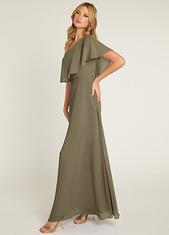 Azazie Lizzy Vestidos de damas de honor Vestido de Verde Sauce de Gasa de Corte en A con Hombro unilateral image4